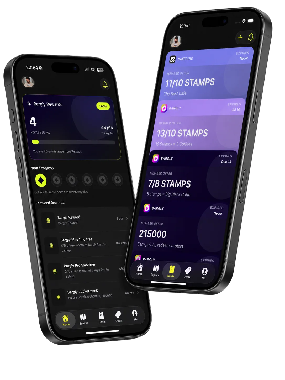 兩部手機上的 Bargly App，集點卡與獎勵
