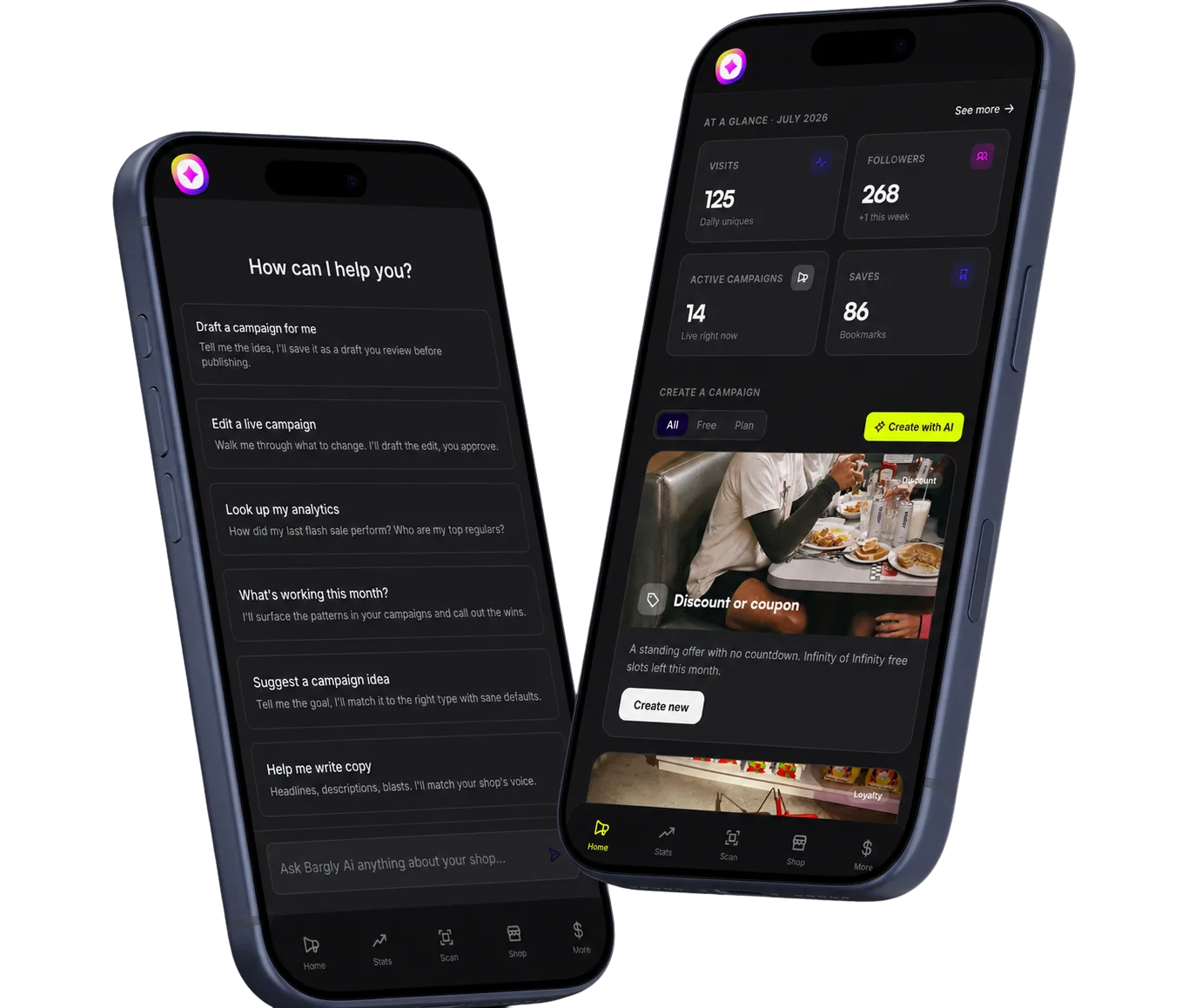 The Bargly AI assistant and shop dashboard shown on two phones
